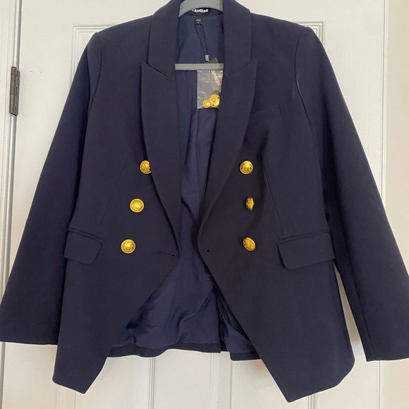 NWT Express Navy Blue Military Blazer Gold Buttons Size 8 - Picture 2 of 4